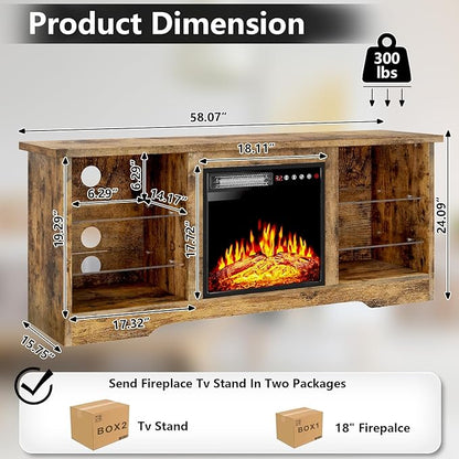 TAVATA Fireplace TV Stand with 18" Fireplace, Modern Entertainment Center for TVs up to 65 inch, Media TV Console for Living Room with Led Lights, Adjustable Glass Shelves and Storage Cabinets (Brown)