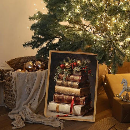 Framed Vintage Christmas Canvas Wall Art, Rustic Xmas Book Artwork Wall Decor Paintings, Retro Winter Holiday Pictures Prints Dark Academia Home Decor for Living Room Bedroom Libiary 12×16 inch