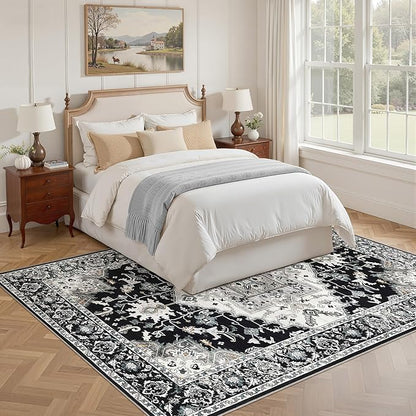 6x9 Washable Area Rugs for Living Room: Non Slip Vintage Black Rug, Large Soft Stain Resistant Indoor Floor Carpets for Bedroom Dining Room Nursery Home Office Kid & Pet Friendly