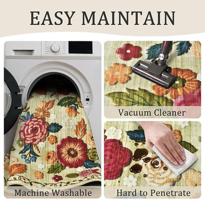 2x6 Machine Washable Runner Rug, Kitchen Hallway Area Rug Green Vintage Boho Floral Ultra Non-Slip Low Pile Soft Faux Wool Carpet, Kids and Pets Friendly for Bedroom Entryway Nursery Home Decor Rug