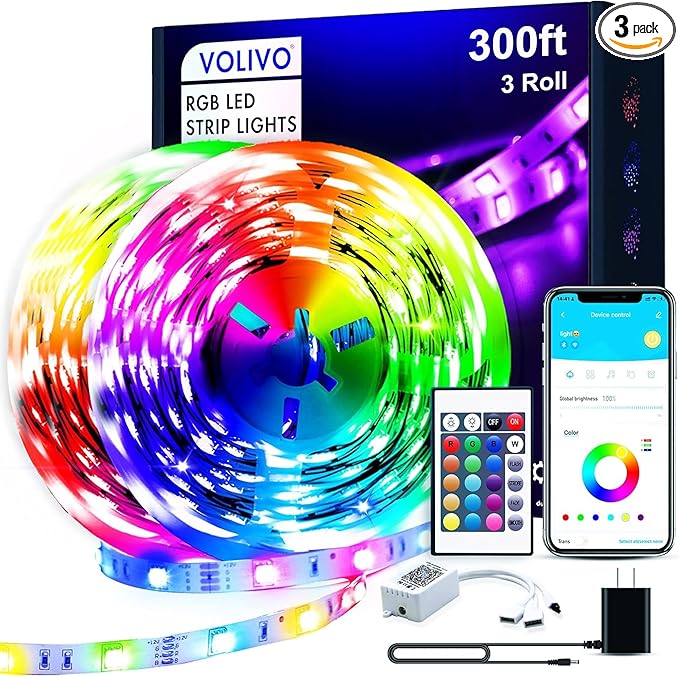 VOLIVO 300ft LED Strip Light Bluetooth, Color Changing LED Strip Lights for Bedroom, Music Sync RGB Lighting with 24Key Remote/APP Control for Home Decoration