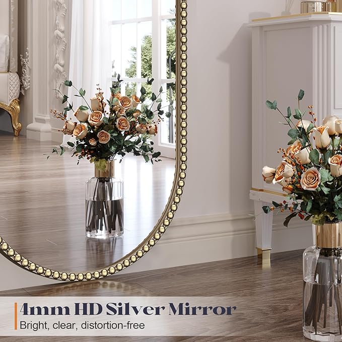 Gold Oval Mirror for Bathroom, 24"x36" Beaded Antique Brass Mirror for Wall Decorated, Champagne Bronze Vintage Vanity Mirrors for Bedroom Living Room Hallway Fireplace