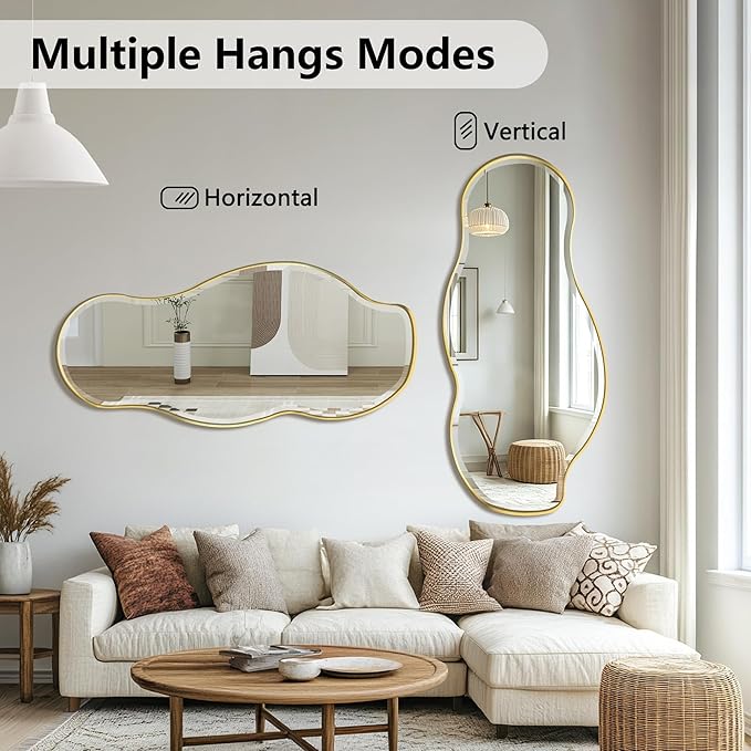 POZINO Irregular Beveled Mirror, 40"x18" Premium Asymmetrical Mirror with Gold Metal Frame, Modern Organic Wall Mirrors for Living Room Bathroom Bedroom Hallway Entryway, Horizontal/Vertical Hanging