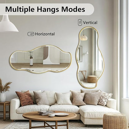 POZINO Irregular Beveled Mirror, 40"x18" Premium Asymmetrical Mirror with Gold Metal Frame, Modern Organic Wall Mirrors for Living Room Bathroom Bedroom Hallway Entryway, Horizontal/Vertical Hanging