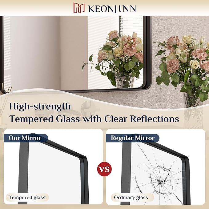 Keonjinn Black Bathroom Mirrors for Over Sink, 30 x 30 Inch Large Rounded Rectangle Bathroom Vanity Mirror, Matte Black Sandblasted Finish, HD Tempered Glass, Seamless Aluminum Alloy Frame Wall Mirror