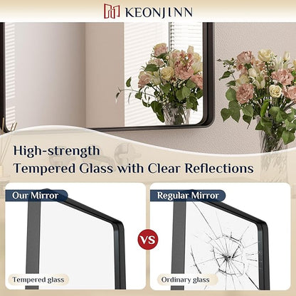 Keonjinn Black Bathroom Mirrors for Over Sink, 30 x 30 Inch Large Rounded Rectangle Bathroom Vanity Mirror, Matte Black Sandblasted Finish, HD Tempered Glass, Seamless Aluminum Alloy Frame Wall Mirror