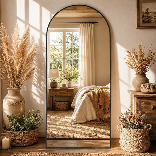 Full Length Mirror, 76"x34" Arched Floor Mirror Freestanding, Floor Standing Full Body Mirror with Stand for Bedroom, Hanging Mounted for Living Room Cloakroom, Black