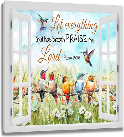 LB Bird Floral Quote Wall Art Watercolor Hummingbird with Bible Quote Flower Canvas Wall Art Nature Plant Window Wall Decor for Living Room Bedroom Bathroom Office Framed Ready to Hang 12L x 12W