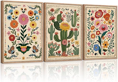 HLNIUC Boho Wildflower Wall Art Canvas,Mid Century Floral Wall Art,Butterfly Flower Artwork Watercolor,Cactus Framed Decor,William Morris Prints,Botanical Painting for Living Room Bedroom Home16x24x3