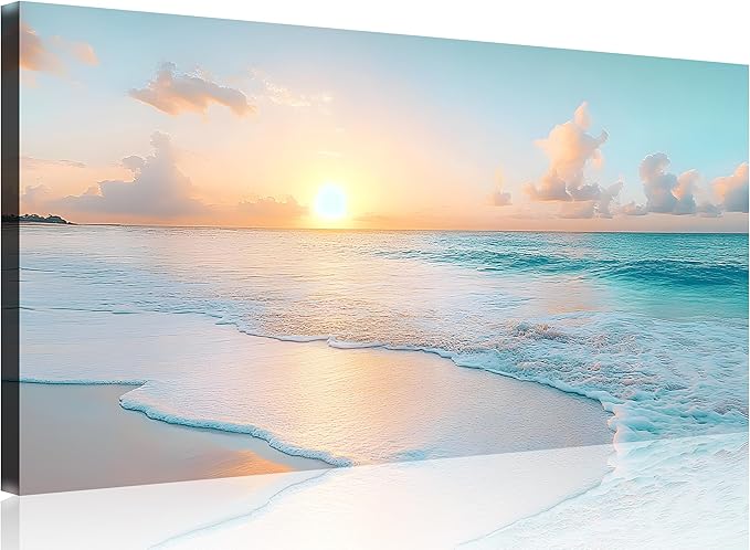 TutuBeer Beach Pictures Wall Art Beach Canvas Wall Art White Ocean at Sunrise Print on Canvas Seascape Paintings Coastal Picture Framed Artwork for Bathroom Living Room Office Home Decor 12" x 24"