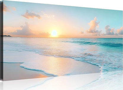 TutuBeer Beach Pictures Wall Art Beach Canvas Wall Art White Ocean at Sunrise Print on Canvas Seascape Paintings Coastal Picture Framed Artwork for Bathroom Living Room Office Home Decor 12" x 24"
