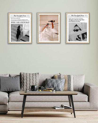 EcoHest Unframed Trendy Newspaper Wall Art, 12x16 in OAK Wood Mom I Am a Rich Man Canvas Art, Magazine Girly Poster College Dorm Decor, Beige Logs Set of 1 for Bedroom Living Room