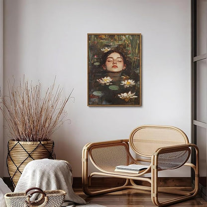 WALLZK Vintage Framed Wall Art Lotus Pool Canvas Prints Woman Portrait Artistic Painting Decor Artwork for Walls Living Room Bedroom Bathroom 16"x24"