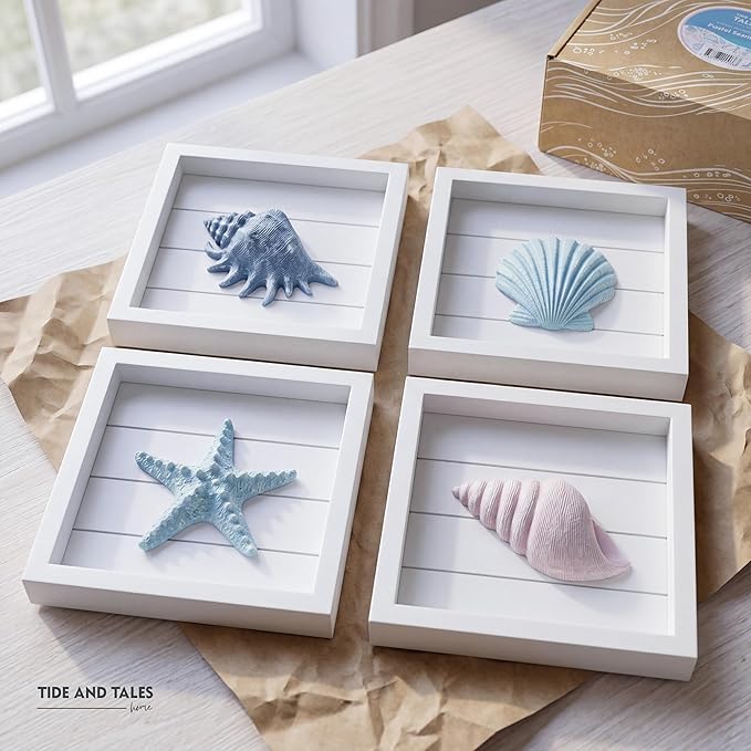 Tide and Tales 3D Seashells & Starfish Coastal Wall Art Decor (Framed Set of 4) Beach Wall Decor for Bathroom or Coastal Bedroom - Ocean Inspired Seaside Decorations for Home or Beach House (7"x7")