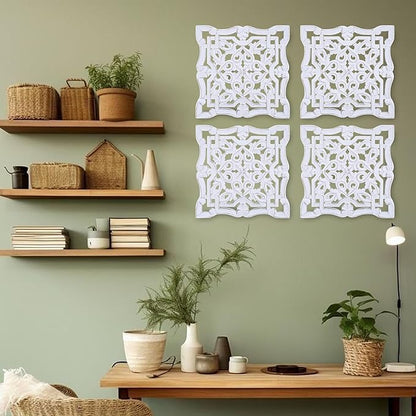 Woodify Hand-Carved Wooden Wall Décor – Set of 4, 12" x 12" Decorative Wood Panels, Floral Design, White Antique Finish, Wall Art for Living Room & Home Décor