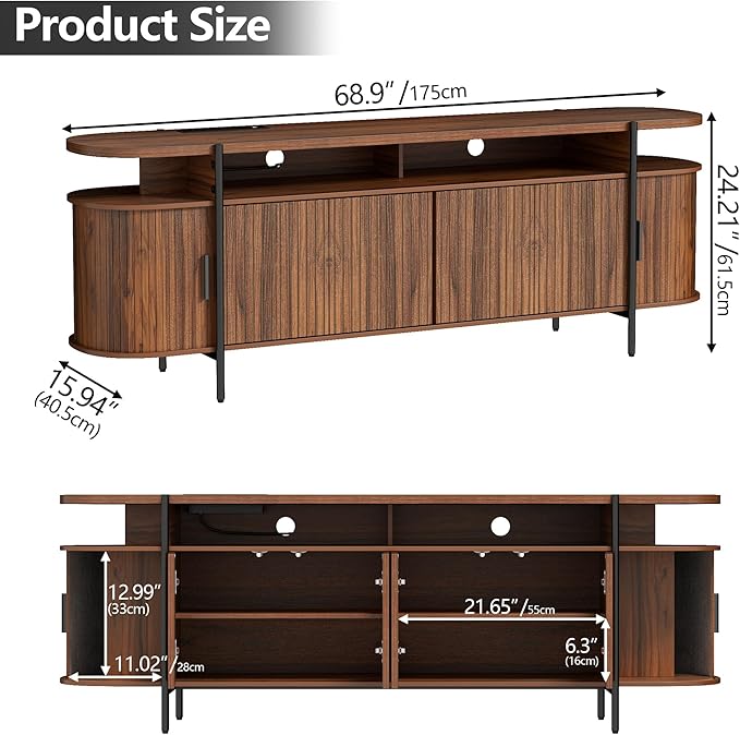 69" Mid Century Modern TV Stand, Curved Entertainment Center with LED Light & Power Outlet, Fluted Wood TV Stand for TVs up to 80'',Media TV Console Table with Sliding Doors for Living Room, Walnut