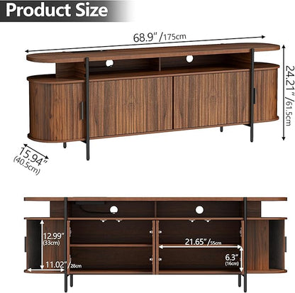 69" Mid Century Modern TV Stand, Curved Entertainment Center with LED Light & Power Outlet, Fluted Wood TV Stand for TVs up to 80'',Media TV Console Table with Sliding Doors for Living Room, Walnut