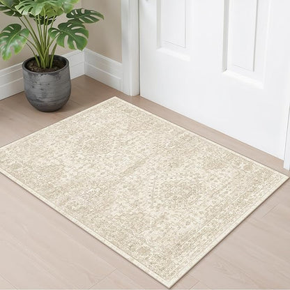 2x3 Washable Non-Slip Area Rug - Soft Low Pile Throw Rug for Kitchen Entryway Bedroom - Vintage Distressed Indoor Door Mat with Rubber Backing (Ivory Beige)