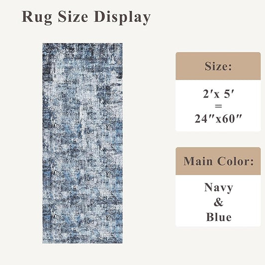 2x5 Washable Kitchen Runner Rug – Non-Slip Rubber Backing Low-Pile Soft Small Rug for Hallway Bathroom Bedroom Entryway Laundry Room – Modern Neutral Abstract Thin (Navy Blue)