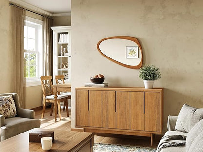 Asymmetrical Wall Mirror, 19x30 Inch Irregular Wall Mirror, Mid Century Modern Mirrors with Pine Wooden Frame for Living Room Bedroom Bathroom Entryway Hangs Horizontally or Vertically