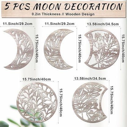 Jetec 5 Pcs Moon Phase Wall Art Decor Wall Pediments Hanging Wooden Phase Spiritual Bedroom Nordic Boho Lunar Aesthetic Art for Living Room Dorm Apartment Ornament(Retro Color,15.75 Inch,Botanical)