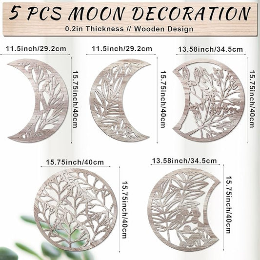 Jetec 5 Pcs Moon Phase Wall Art Decor Wall Pediments Hanging Wooden Phase Spiritual Bedroom Nordic Boho Lunar Aesthetic Art for Living Room Dorm Apartment Ornament(Retro Color,15.75 Inch,Botanical)