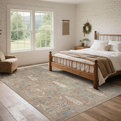 Srugn Washable Rugs 8x10 Area Rugs for Living Room,Bedroom,Dining Room-Large Ultra Soft Faux Wool Retro Carpet,Non Slip&Non-Shedding Low Pile Vintage Print Rug for Home Office Dorm Playroom-Terracotta