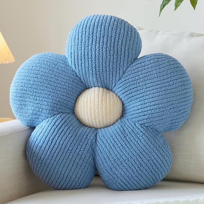 Flower Pillow, Decorative Throw Pillow for Couch, Cute Decor Pillows for Bed, Aesthetic Flower Shaped Pillow Fun Cushion (Blue, 19.6 Inches)