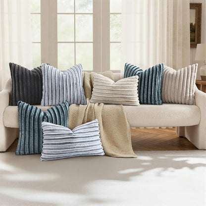 decorUhome Cozy Faux Fur Throw Pillow Covers 18x18 Set of 2 Decorative Soft Plush Striped Modern Farmhouse Boho Couch Pillow Cases with Velvet Back for Sofa Bed Living Room, Grey White