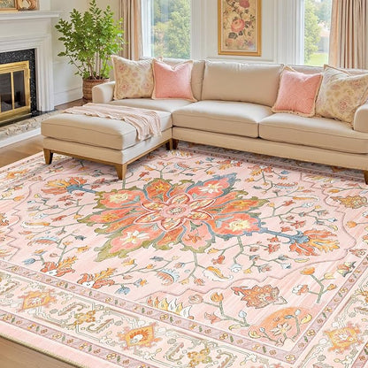 RELEANY Area Rugs 7'x9' Washable Non-Slip, Floral Vintage Distress Print Pattern Medallion Carpet for Living Room Bedroom Dining Room, Light Pink Colorful