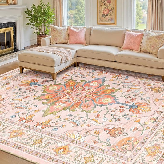 RELEANY Area Rugs 7'x9' Washable Non-Slip, Floral Vintage Distress Print Pattern Medallion Carpet for Living Room Bedroom Dining Room, Light Pink Colorful