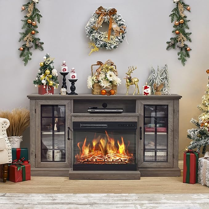 AMERLIFE 3-Sided Glass Fireplace TV Stand for TVs up to 65'' with 12 Color, Media Entertainment Center Console Table with Doors Closed Storage, Wash Gray