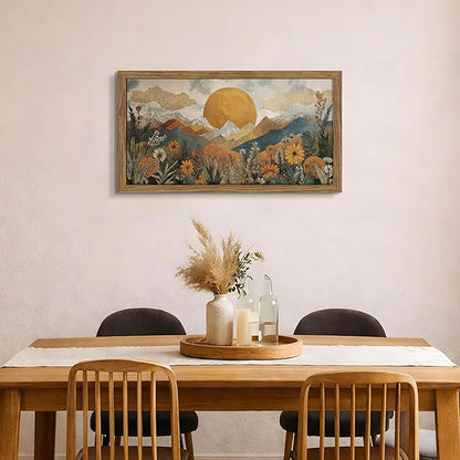 Framed Boho Landscape Large Wall Art, Abstract Sun Mountain Canvas Wall Decor Painting, Modern Floral Botanical Aesthetic Poster Print Picture for Living Room Bedroom Home Office 24x48 Inch