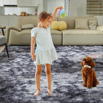 Ultra Soft Rug for Living Room, 4X6 Fluffy Shag Area Rug for Bedroom, Modern Shaggy Carpets Fuzzy Rug for Teens Dorm Nursery Home Decor Aesthetic, Upgrade Anti-Skid Durable, Tie Dye Black and Grey