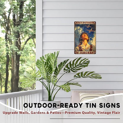 Airplanes Sign for Home Decor Easily Distracted By Airplanes Vintage Metal Poster Retro Art Decor for Backyard Garage Man Cave Shed Office Craft Room 8x12inch