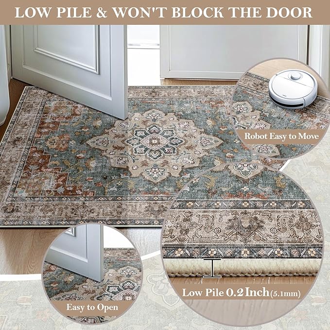 CAPALOCA Machine Washable Rugs Nursery Rug 6x9 Cute Girl Non Slip Low Pile Water Repellent Soft Print Pattern for Bedroom Indoor Decor Kids Playroom Brickgreen