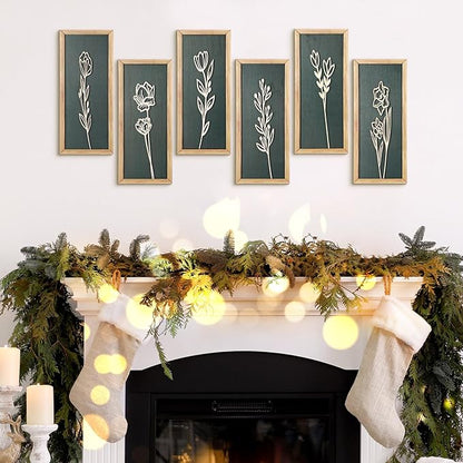 Wesiti 6 Pcs Boho Wall Art Wooden Floral Wall Decor Minimalist Botanical Print Art Decor for Rustic Vintage Farmhouse Home Living Room Bedroom Bathroom Kitchen Decoration, 15.75 x 6.69 Inch (Green)