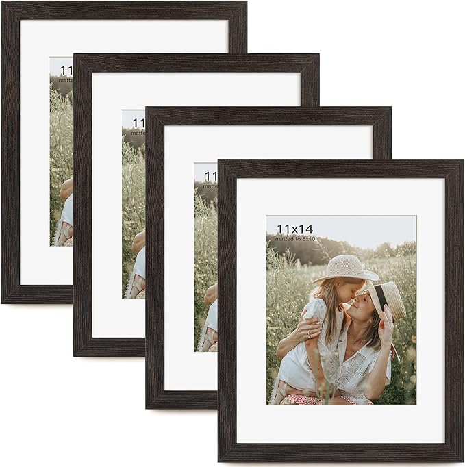 Momentworth 11x14 Picture Frame with Mat for 8x10 Set of 4, Distressed Black Wood Grain 11 x 14 Gallery Wall Picture Frames for Wall Mounting(4 Pack, Black)