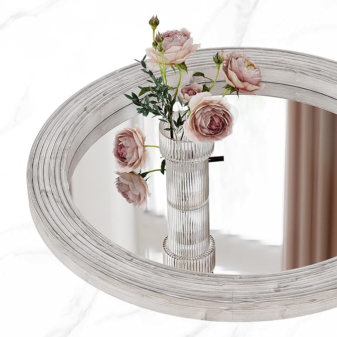 ULIKE Round Mirror for Bathroom 24x 24 Inch, Farmhouse Rustic Wood Frame Wall Mirror, White Vanity Circle Mirror for Bedroom Living Room Entryway Decor