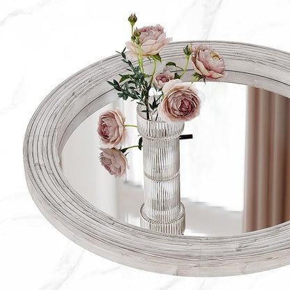 ULIKE Round Mirror for Bathroom 24x 24 Inch, Farmhouse Rustic Wood Frame Wall Mirror, White Vanity Circle Mirror for Bedroom Living Room Entryway Decor