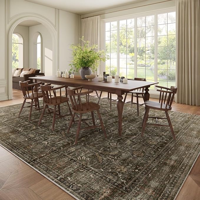 Washable 10x14 Area Rugs for Living Room, Boho Non-Slip Vintage Distress Large Rugs for Bedroom Dining Room Office, 0.3" Neutral Oriental Throw Thin Carpet, Rust/Multi, D2
