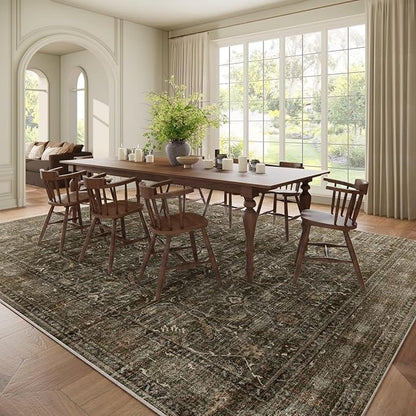 Washable 10x14 Area Rugs for Living Room, Boho Non-Slip Vintage Distress Large Rugs for Bedroom Dining Room Office, 0.3" Neutral Oriental Throw Thin Carpet, Rust/Multi, D2
