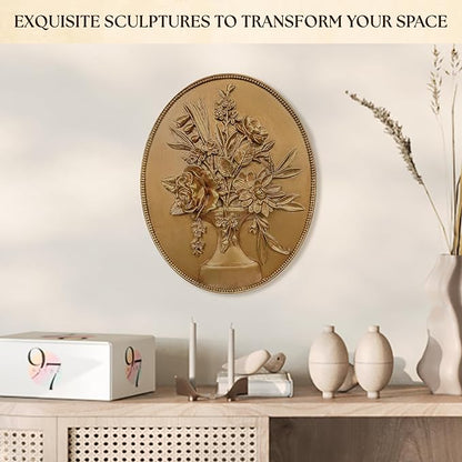 97 Decor Vintage Wall Sculptures For Living Room - Gold Vintage Wall Decor, Ornate Oval Hangings Antique Pediment Brass Floral Walls Art Gallery For Home Kitchen Bedroom Decorations