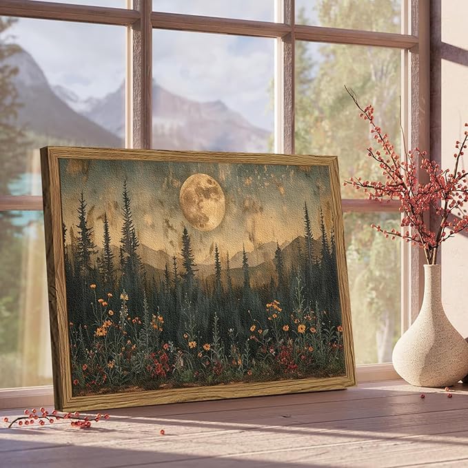 Vintage Nature Forest Wall Art Dark Moon Landscape Painting Wall Decor Woodland Picture Artwork 3D Textured Hand Drawn Sandstone for Farmhouse Bedroom Living Room 16x24 inch Wood Framed