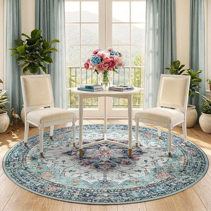RELEANY Area Rugs Round 5ft Washable Non-Slip, Floral Vintage Distress Print Pattern Medallion Carpet for Living Room Bedroom Dining Room, Green Navy Blue White Red Teal Colorful
