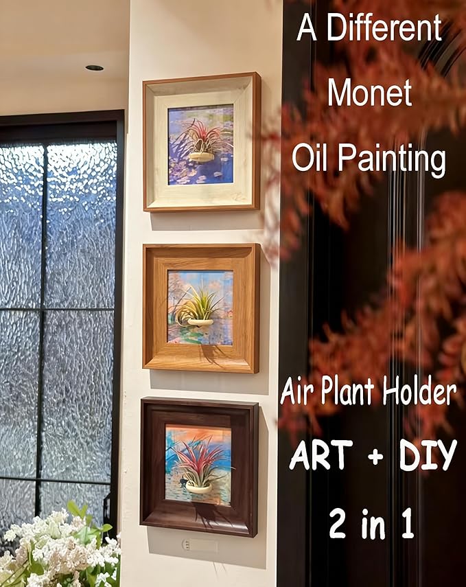 3 Pack Magnetic Monet Wall Art & Air Plant Living Holder 2-in-1 (Impression Sunrise & Water-Lily & Spring by the Seine) DIY Frame Painting Prints Airplant Holder for Living Room Bedroom Office Decor