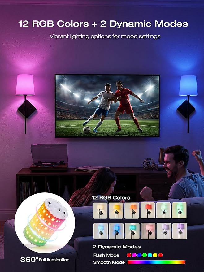 CLOUDY BAY 10000mAh Battery Operated Wall Sconces,Up to 100 Hours with Rechargeable RGB Dimmable Magnetic Bulb,Cordless Wall Lighting Fixtures with Remote for Bedroom,Black,2 Pack-18in