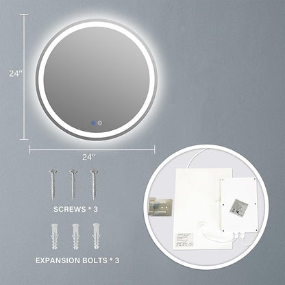 24" LED Bathroom Mirror Round Vanity Mirror, Anti-Fog, Dimmable, 3 Color Temperature, Memory Function Led Wall Mirror for Bathroom, Vanity, Shaving (Vertical/Horizontal)