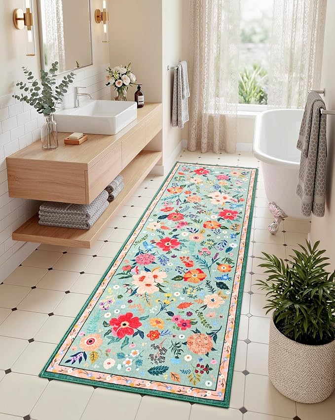 Macgace 2.5x8 Floral Runner Rug, Flowers Printed Washable Rugs with Non Slip Backing for Girls Bedroom Kitchen Hallway,Cute Carpet Runners Home Aesthetic Decor, Light Green