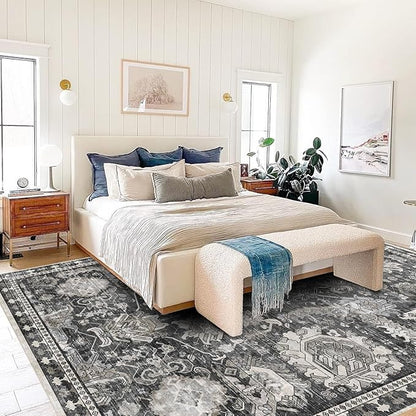 RUGSURE Washable Area Rugs - Perfect for Living Room, Bedroom, Kids Room, Nursery - Stain & Water Resistant Non-Slip, Pet & Child Friendly, Vintage Tribal Area Rugs (Grey, 9' x 12')